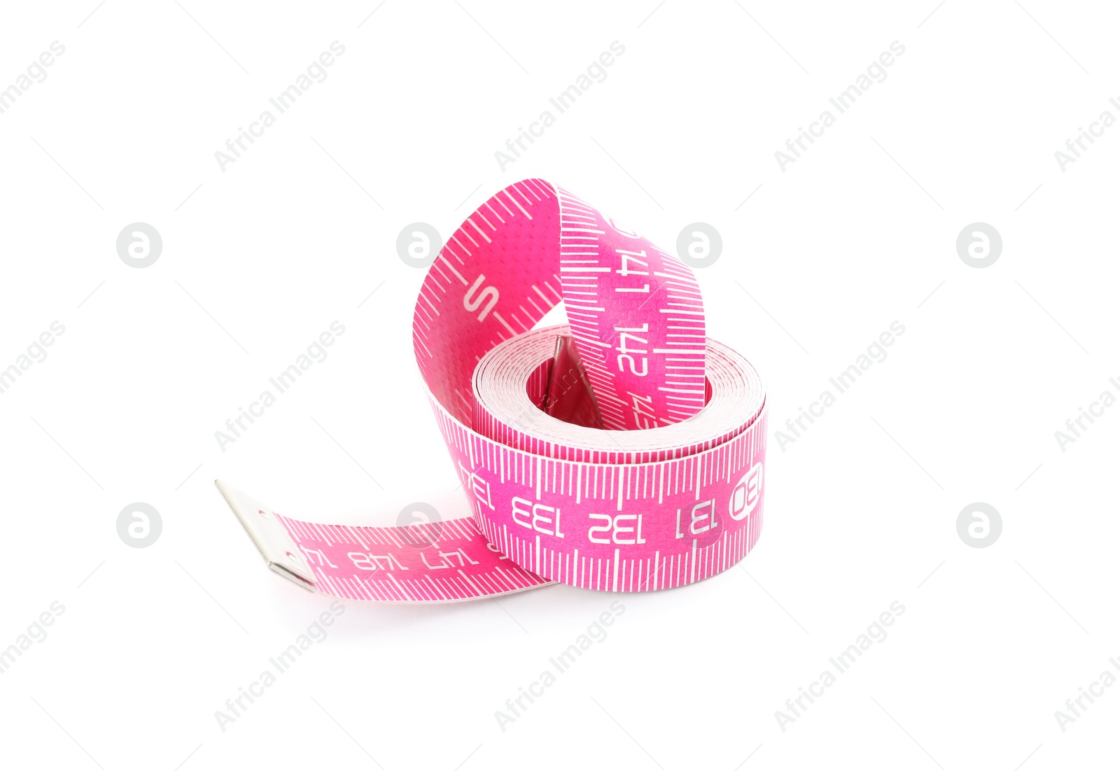 Photo of New pink measuring tape isolated on white