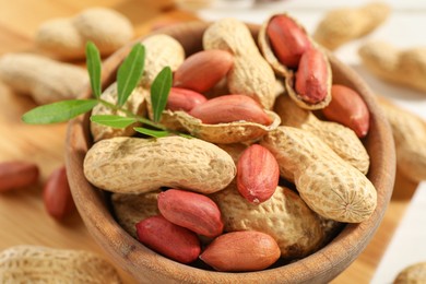 Photo of Fresh unpeeled peanuts in bowl and twig on table, closeup