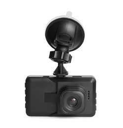 Photo of Modern car dashboard camera with suction mount isolated on white