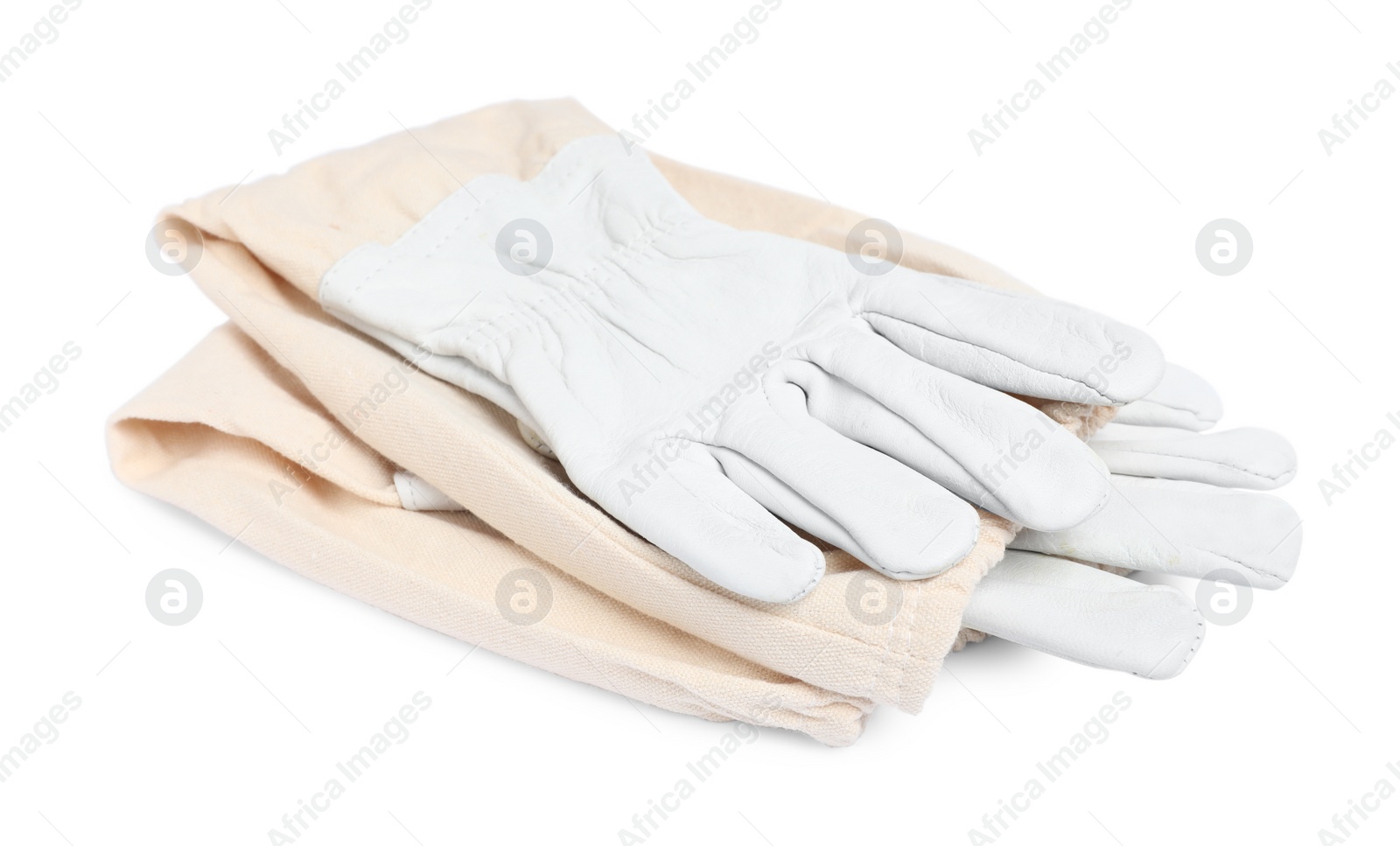 Photo of Protective gloves on white background. Safety equipment