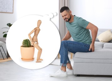 Image of Hemorrhoid problem. Man suffering from pain in living room 