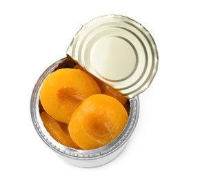 Photo of Tin can with conserved peaches on white background, top view
