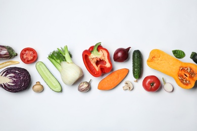 Photo of Flat lay composition with fresh ripe vegetables on white background
