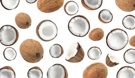 Image of Set with ripe coconuts on white background