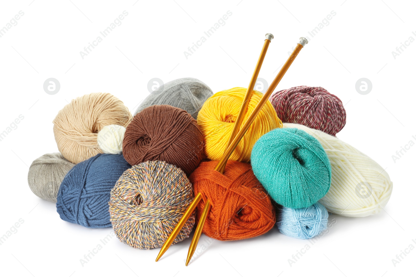 Photo of Different balls of woolen knitting yarns and needles on white background