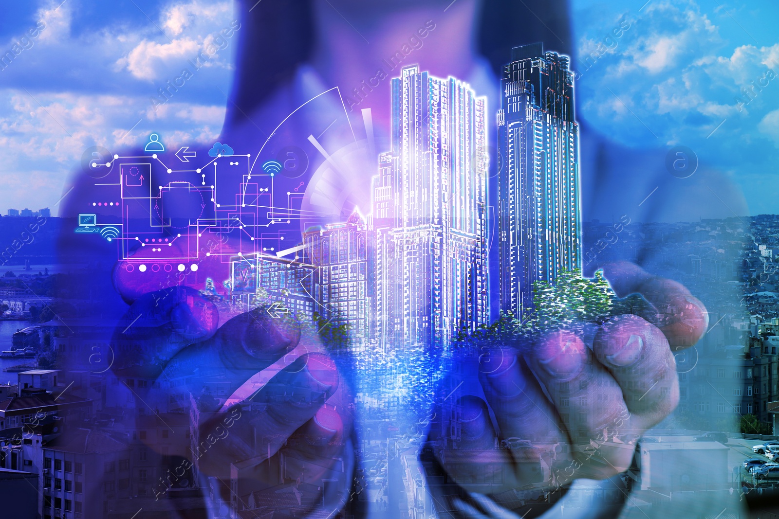 Image of Young woman holding virtual image of buildings, closeup. Modern technology