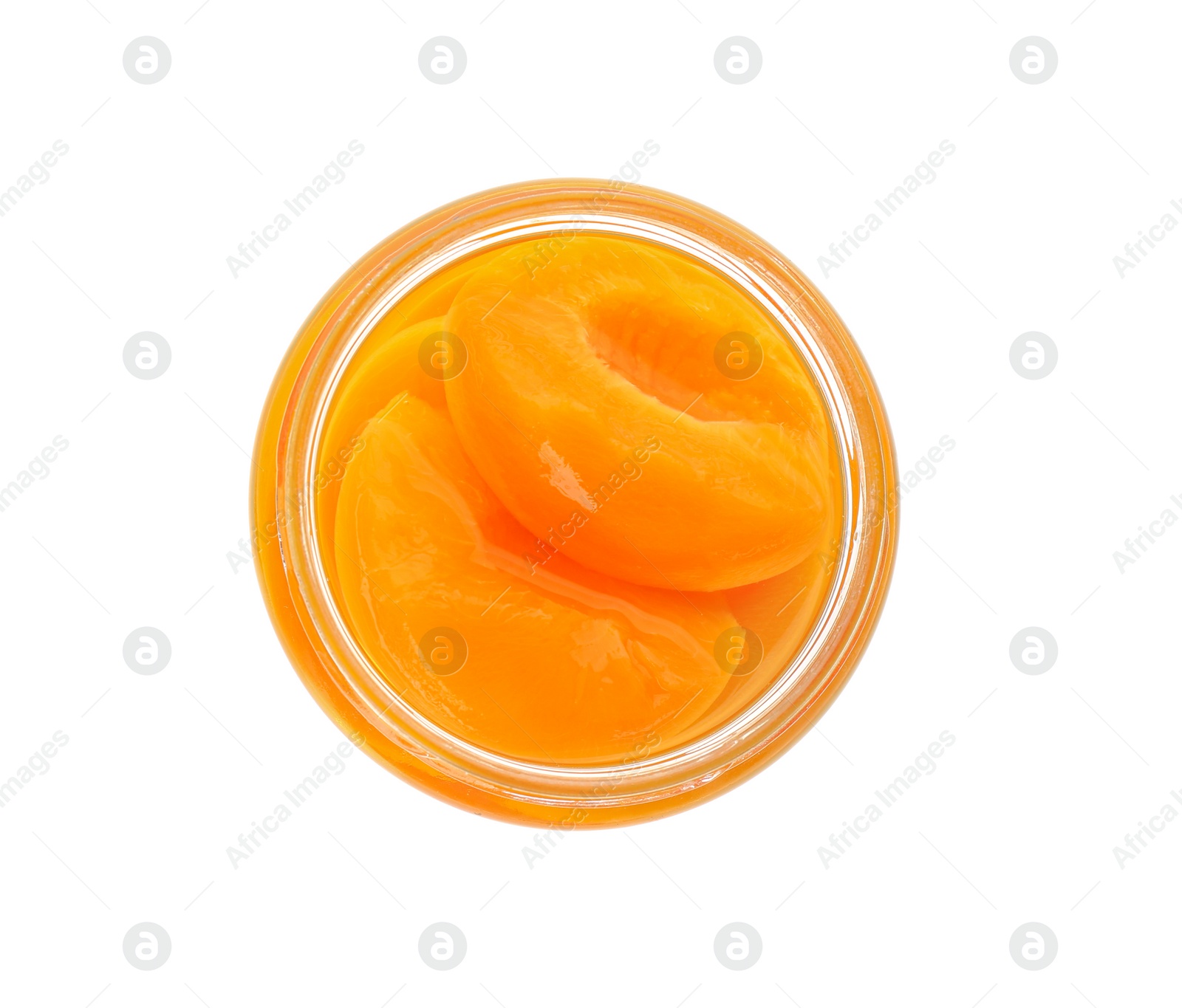 Photo of Jar of pickled apricots isolated on white, top view