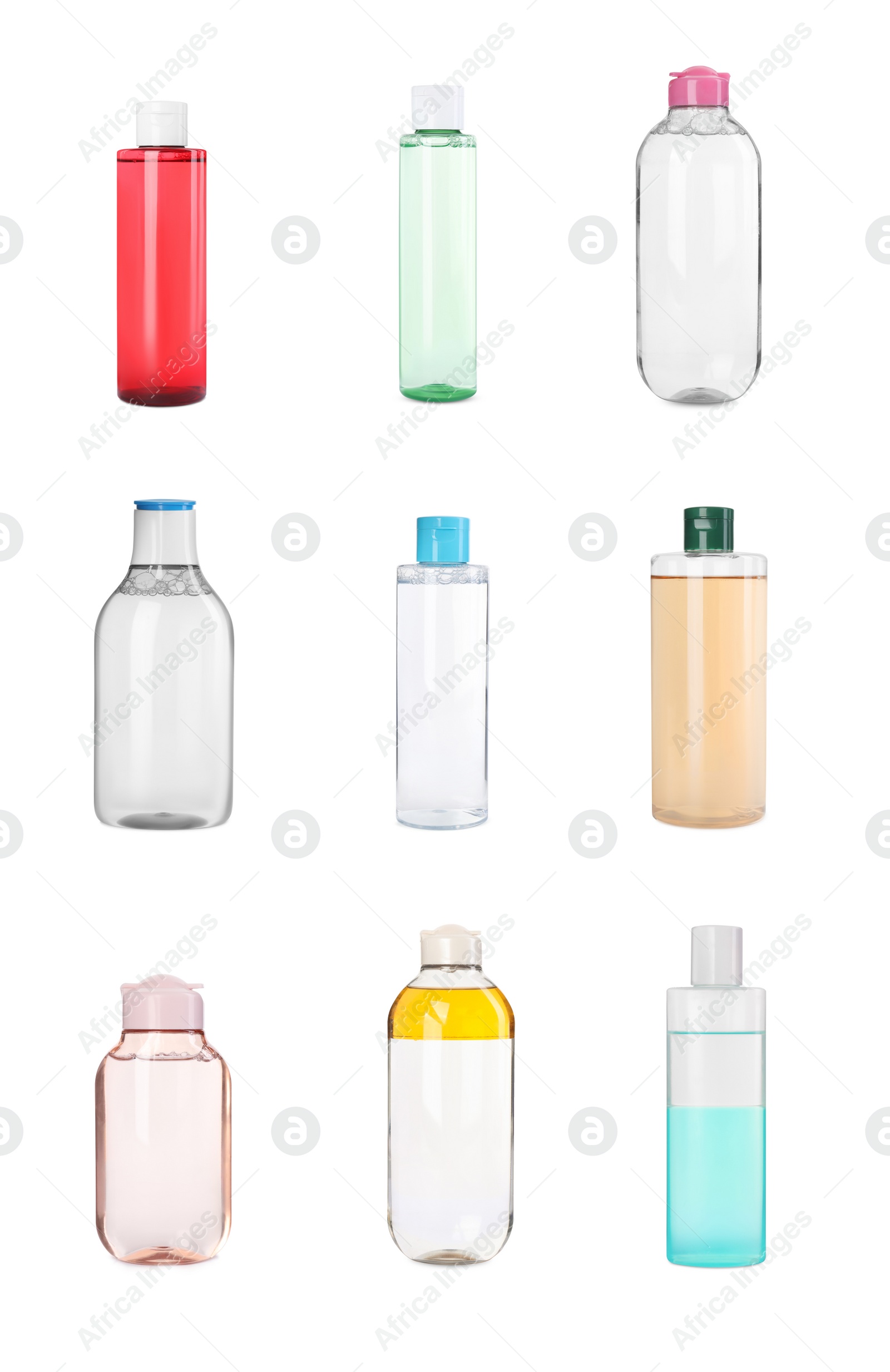 Image of Set with bottles of micellar cleansing water on white background