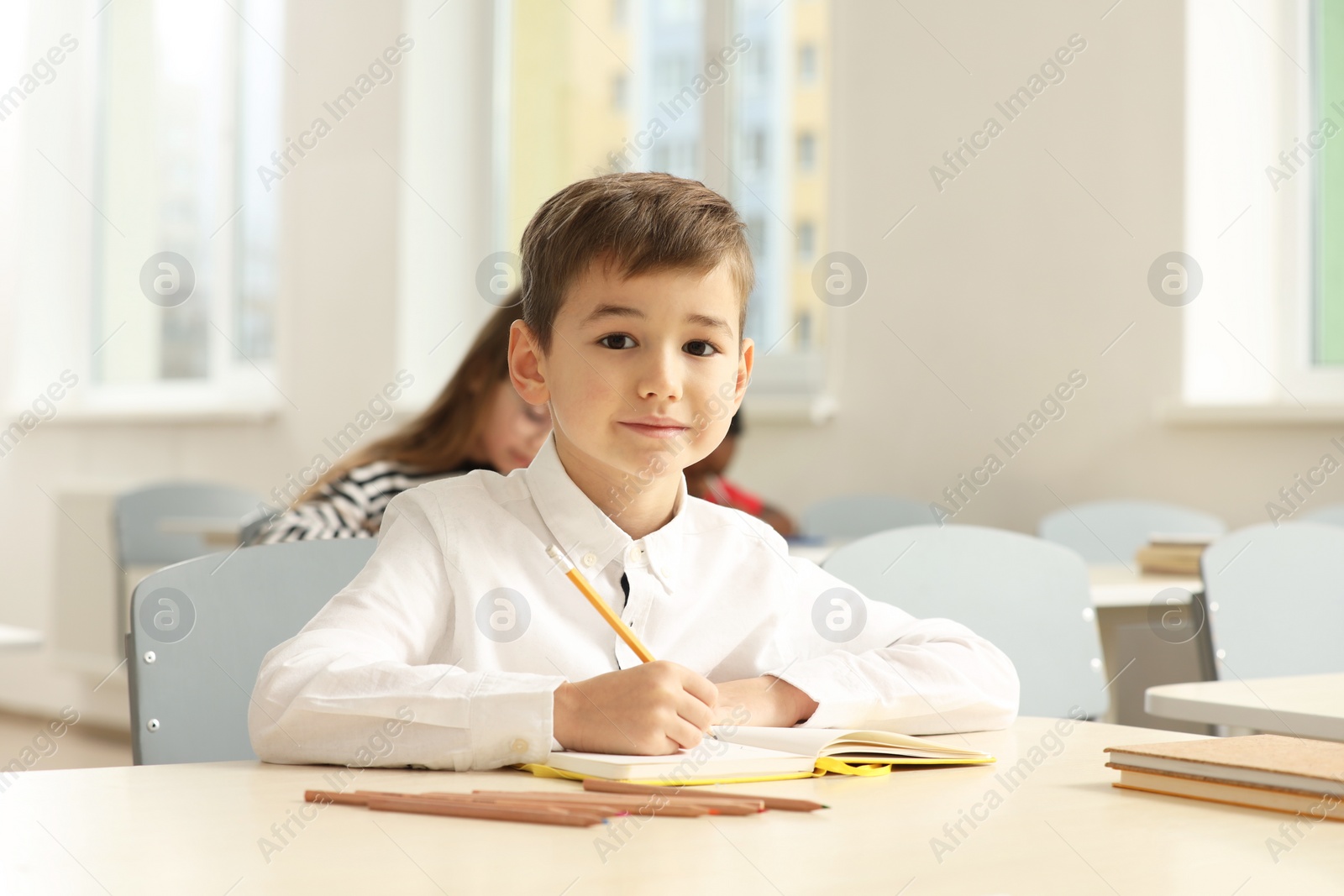 Photo of Portrait of cute little boy studying in classroom at school