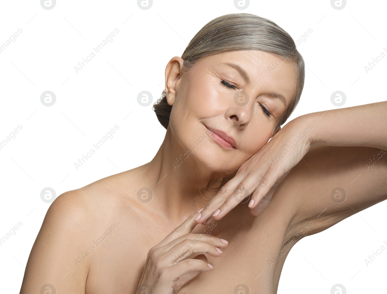 Photo of Beautiful mature woman with healthy skin on white background