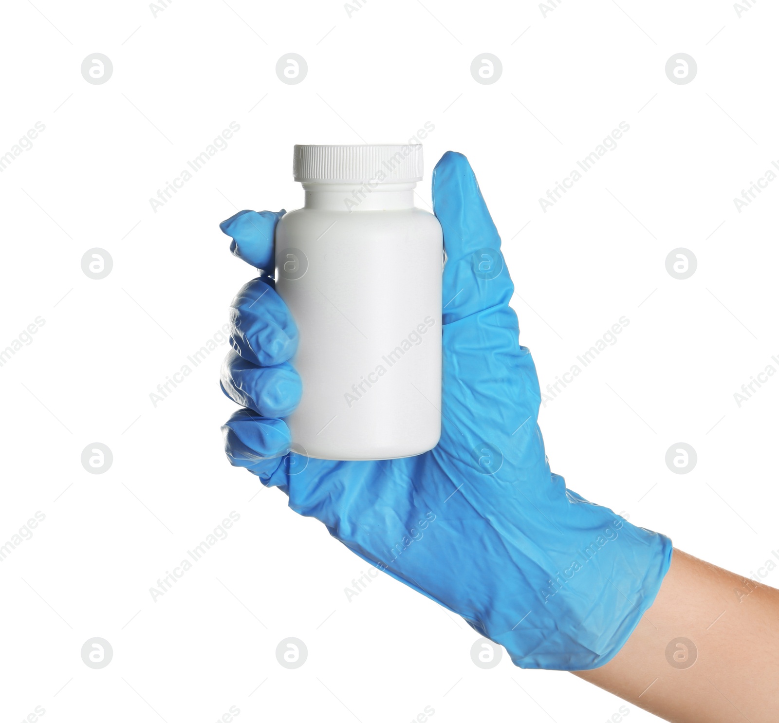 Photo of Doctor in medical glove holding bottle with pills on white background