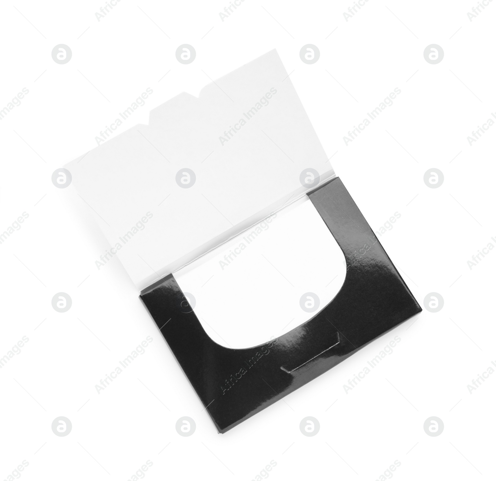 Photo of Package of facial oil blotting tissues isolated on white, top view. Mattifying wipes