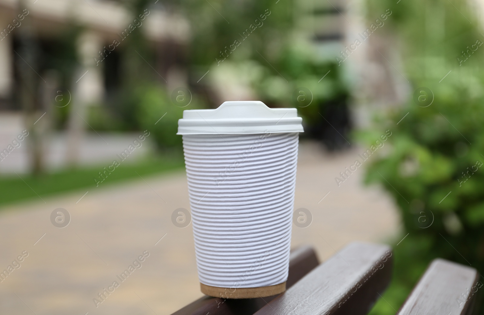 Photo of Paper cup of coffee on wooden bench outdoors. Takeaway drink