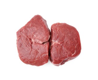 Photo of Cut fresh beef meat isolated on white, top view