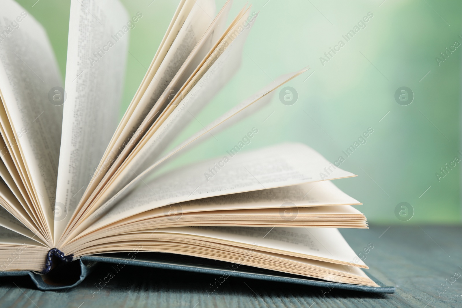 Photo of Open book on blue wooden table against blurred green background, closeup