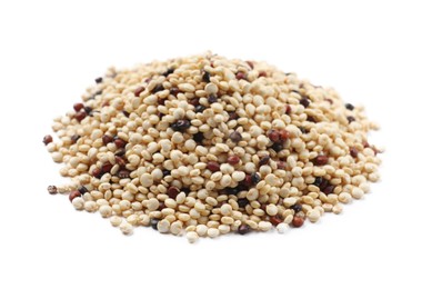 Pile of raw quinoa seeds isolated on white