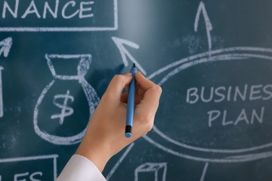 Photo of Business trainer with pen using interactive board, closeup