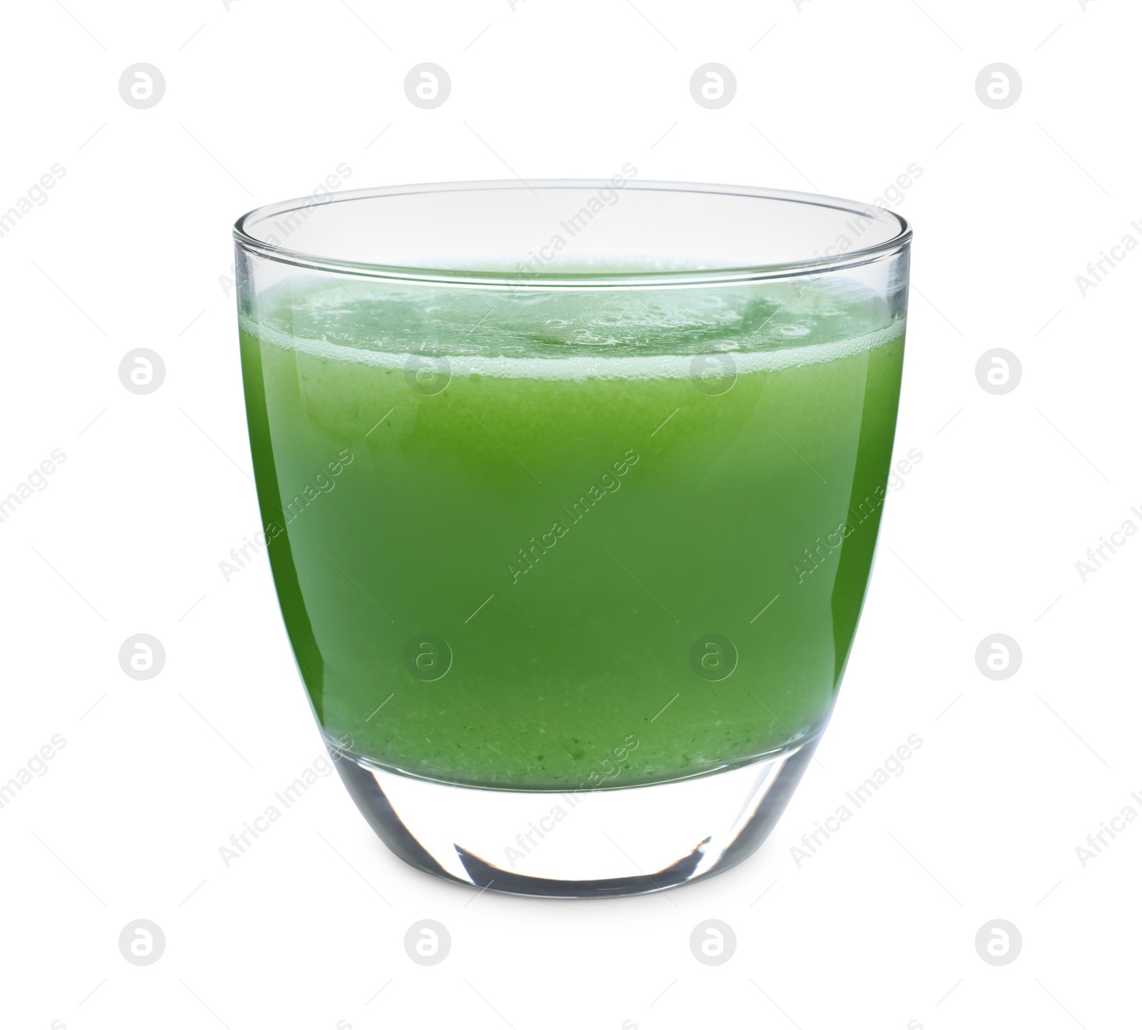 Photo of Glass of fresh celery juice isolated on white