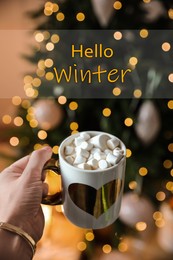 Image of Hello Winter. Woman with cup of cocoa at home, closeup