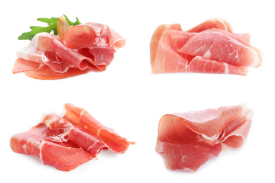 Image of Set of delicious sliced jamon on white background