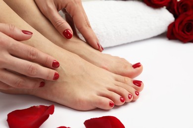 Woman with stylish red toenails after pedicure procedure and rose petals on white background, closeup