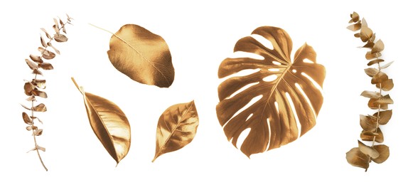 Collage with different gold painted leaves on white background