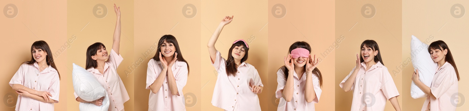 Image of Woman in pajamas on beige background, collage of photos