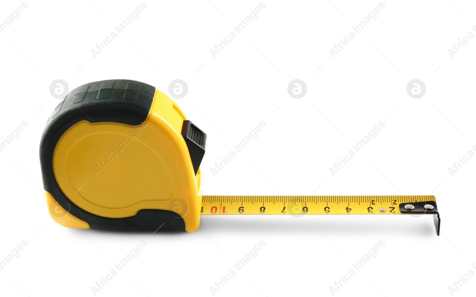 Photo of Metal measuring tape on white background. Construction tool