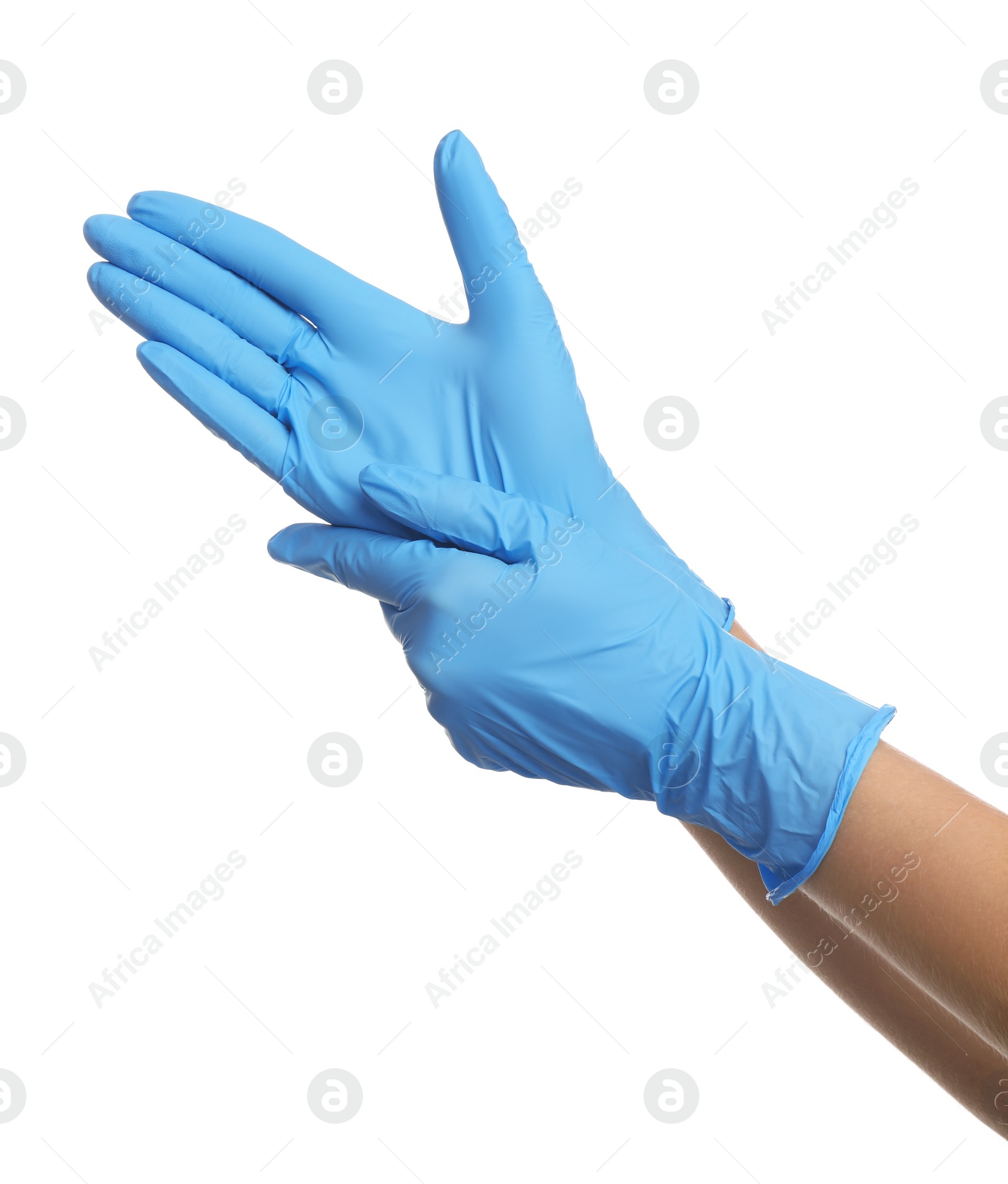 Photo of Doctor wearing medical gloves on white background, closeup