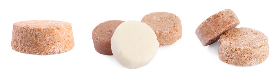 Image of Set with solid shampoo bars on white background, banner design. Hair care