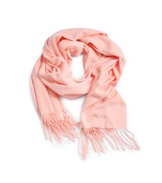 Photo of One beautiful cashmere scarf on white background, top view