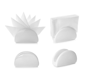Image of Set of modern ceramic napkin holders on white background