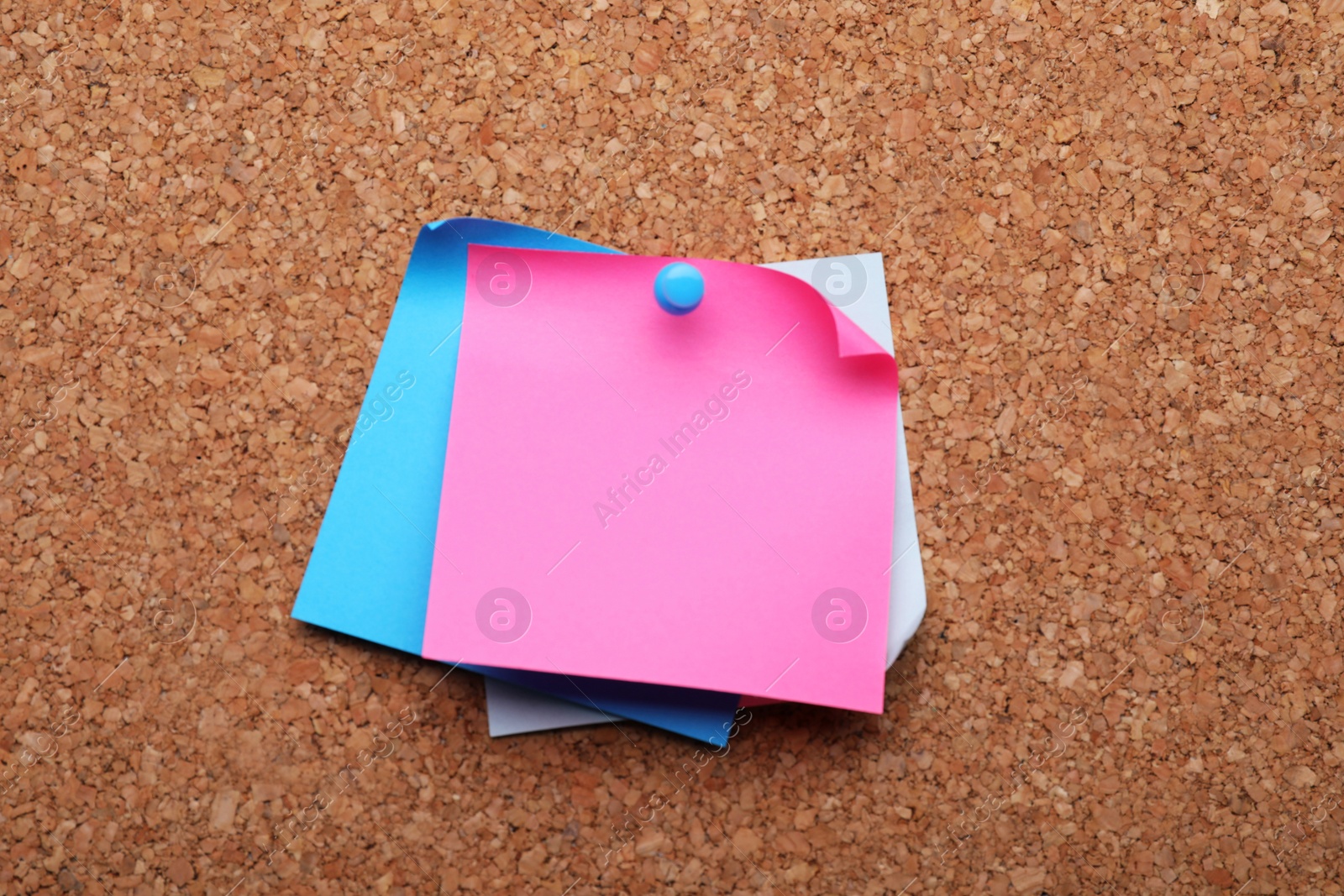 Photo of Blank paper notes pinned to cork background, closeup