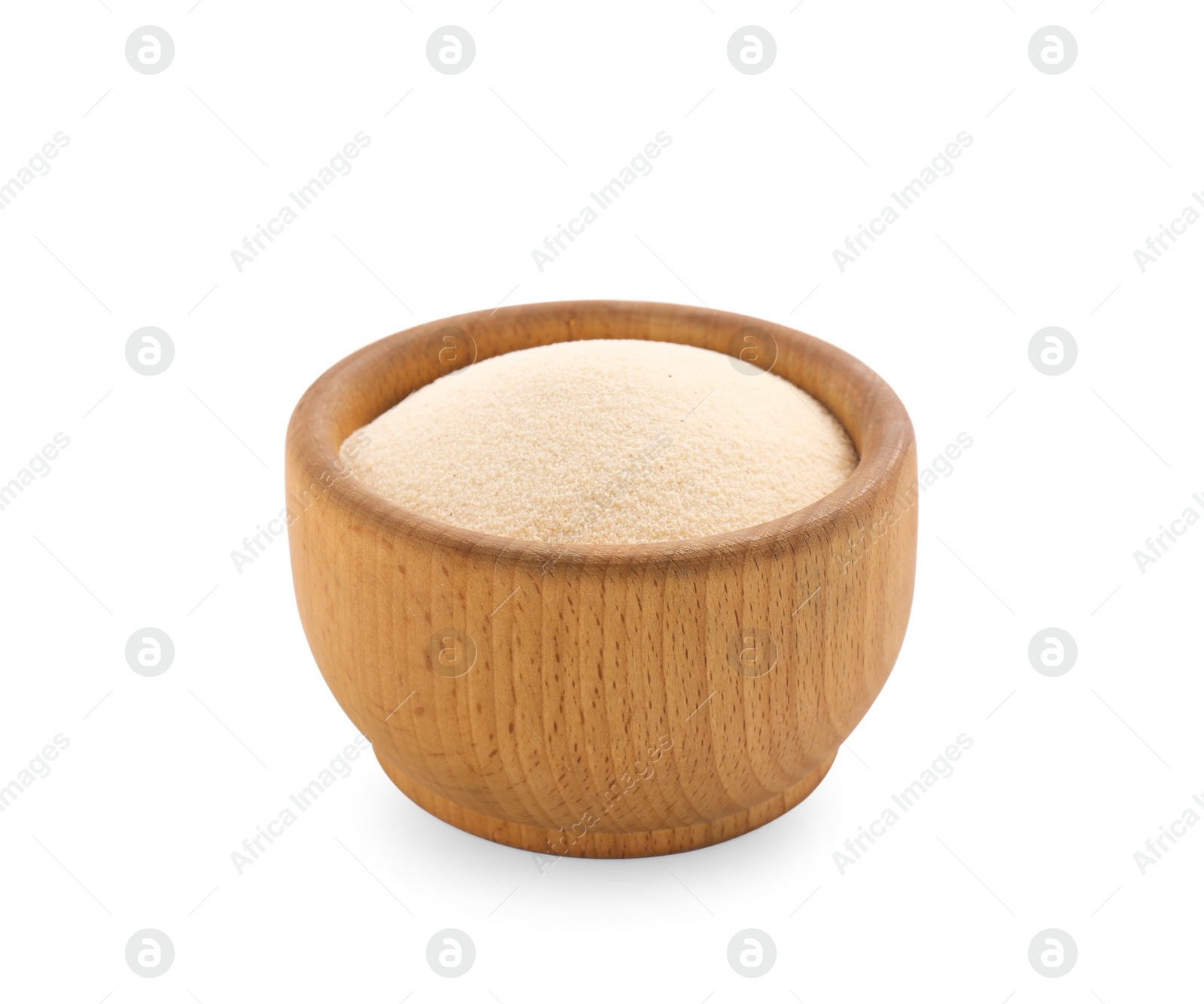 Photo of Uncooked organic semolina in bowl isolated on white