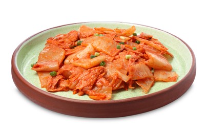 Plate of delicious kimchi with Chinese cabbage isolated on white