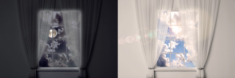 Image of Beautiful view of sky through windows in day and night, collage