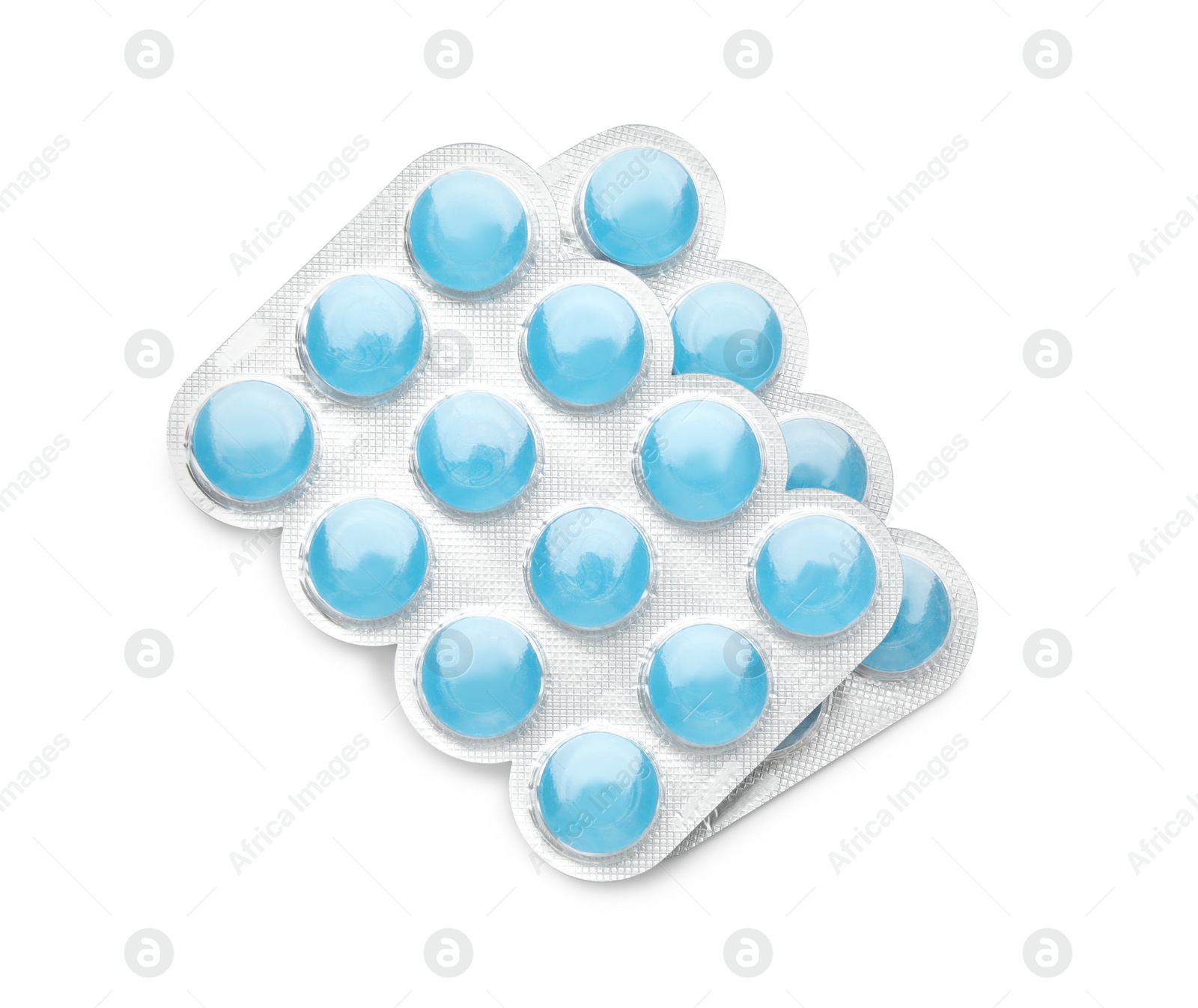 Photo of Blisters with blue cough drops on white background, top view