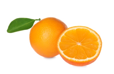 Photo of Fresh ripe oranges isolated on white. Citrus fruit