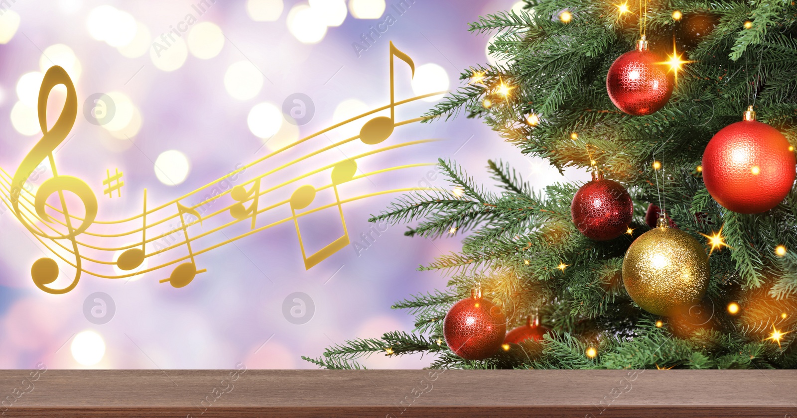 Image of Music notes and table near Christmas tree on blurred background, bokeh effect. Banner design with space for text