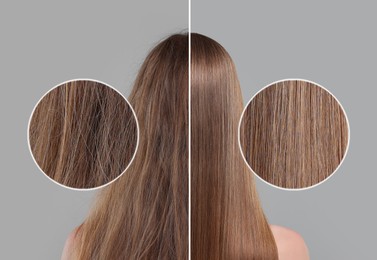 Image of Photo of woman divided into halves before and after hair treatment on grey background, back view. Zoomed area showing damaged and healthy strand