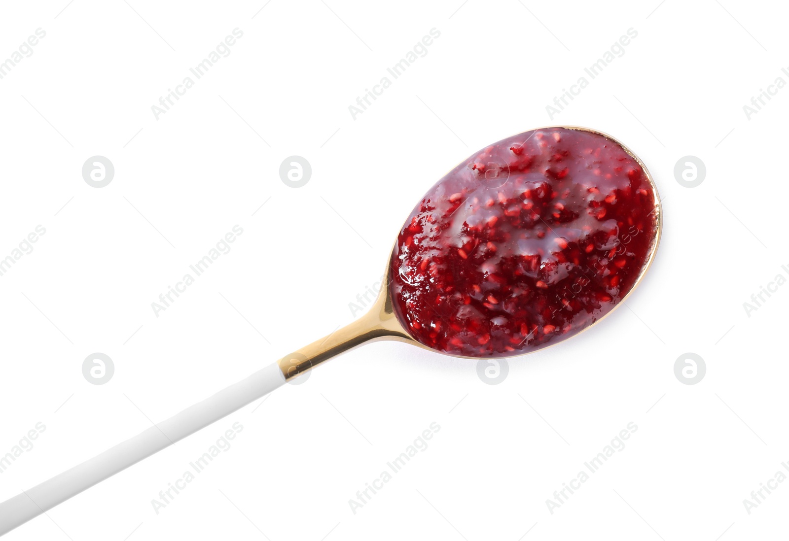 Photo of Delicious raspberry jam in wooden spoon isolated on white, top view