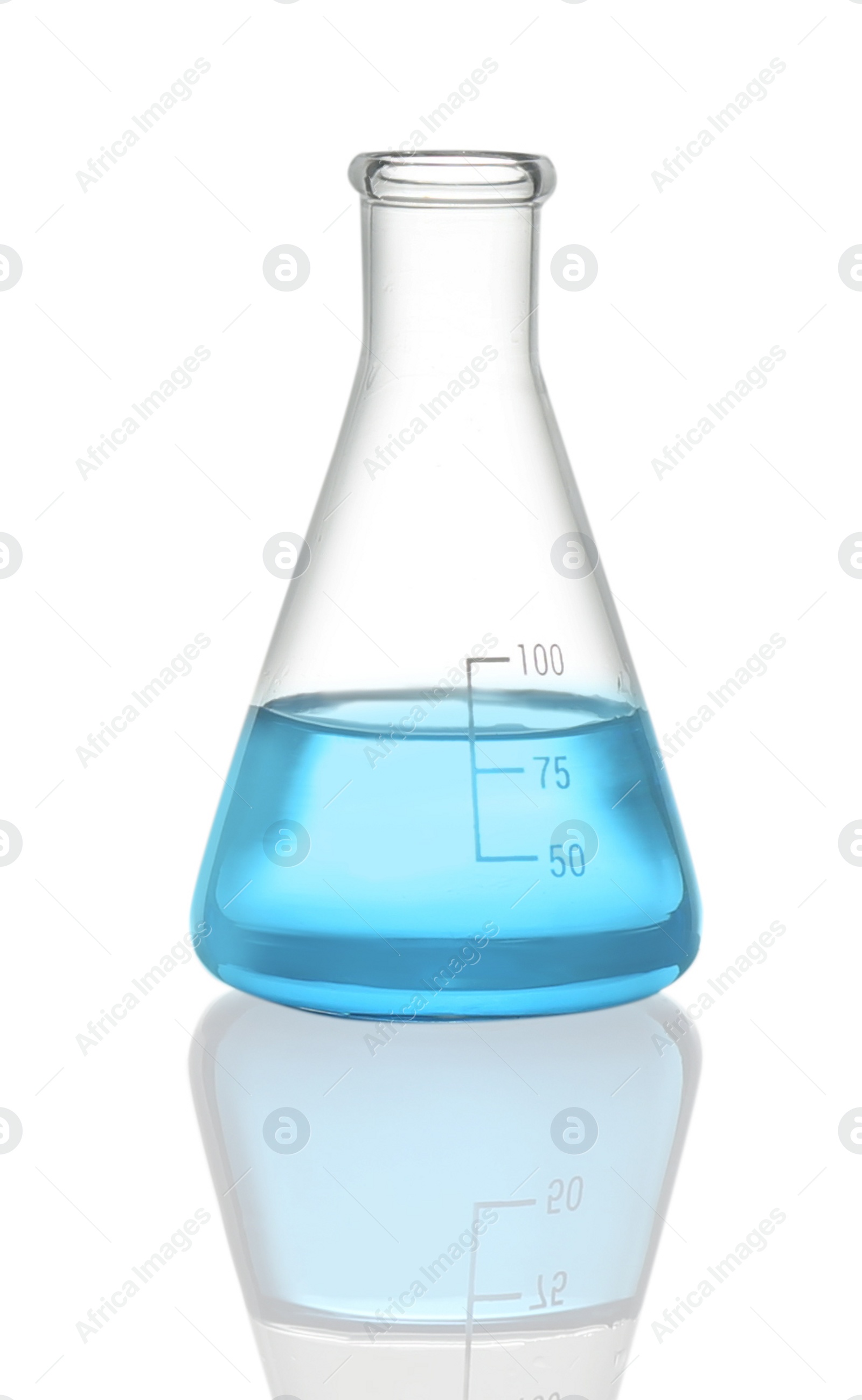 Photo of Conical flask with light blue liquid isolated on white