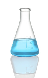 Photo of Conical flask with light blue liquid isolated on white