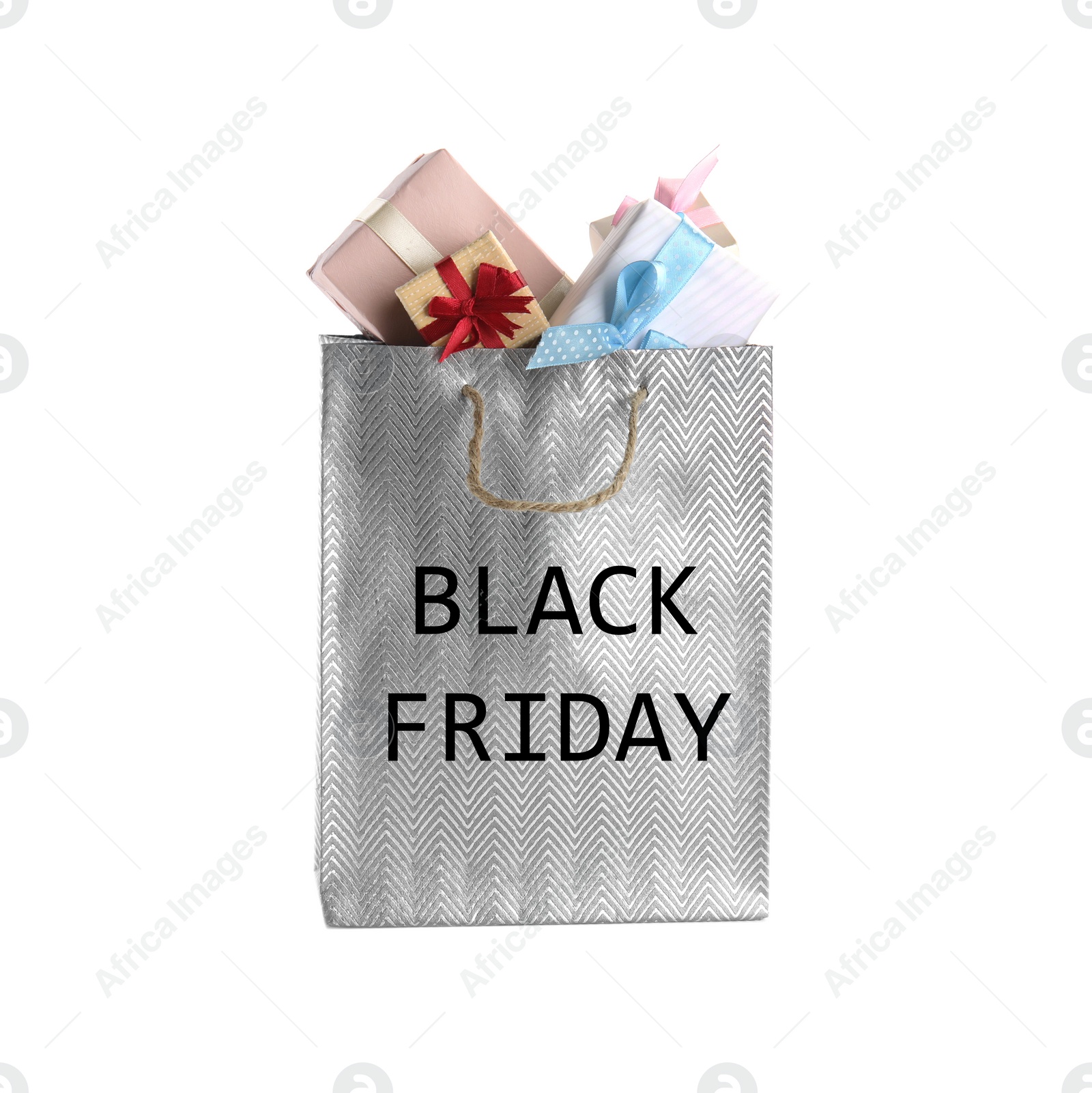 Image of Shopping bag with text BLACK FRIDAY and presents isolated on white