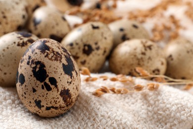 Photo of Fresh quail eggs on white burlap fabric, closeup