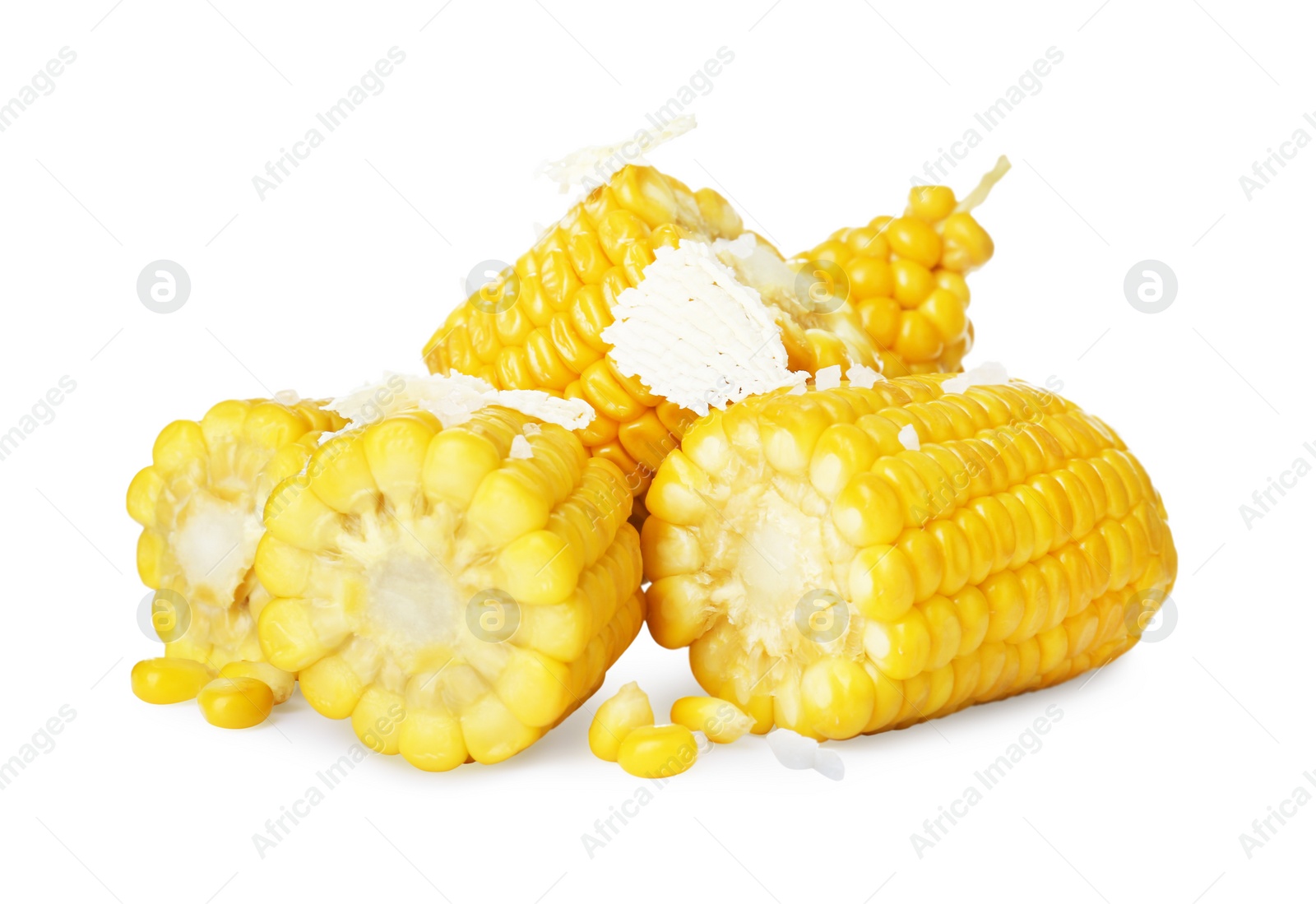 Photo of Tasty cooked corn cobs with butter on white background