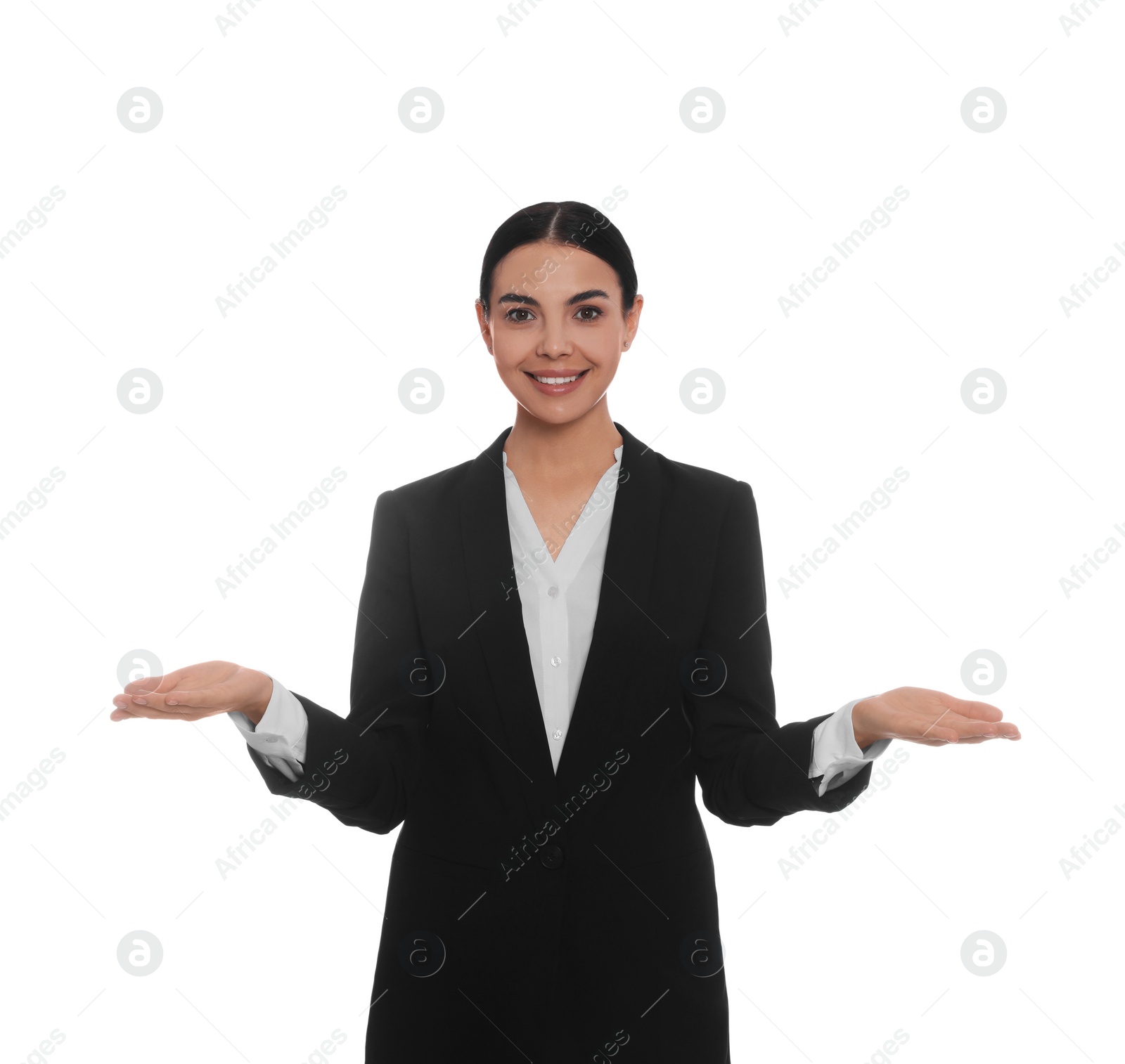 Photo of Portrait of hostess in uniform on white background