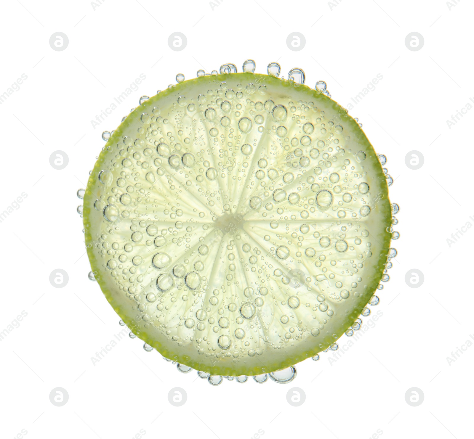 Photo of Fresh lime slice in sparkling water on white background