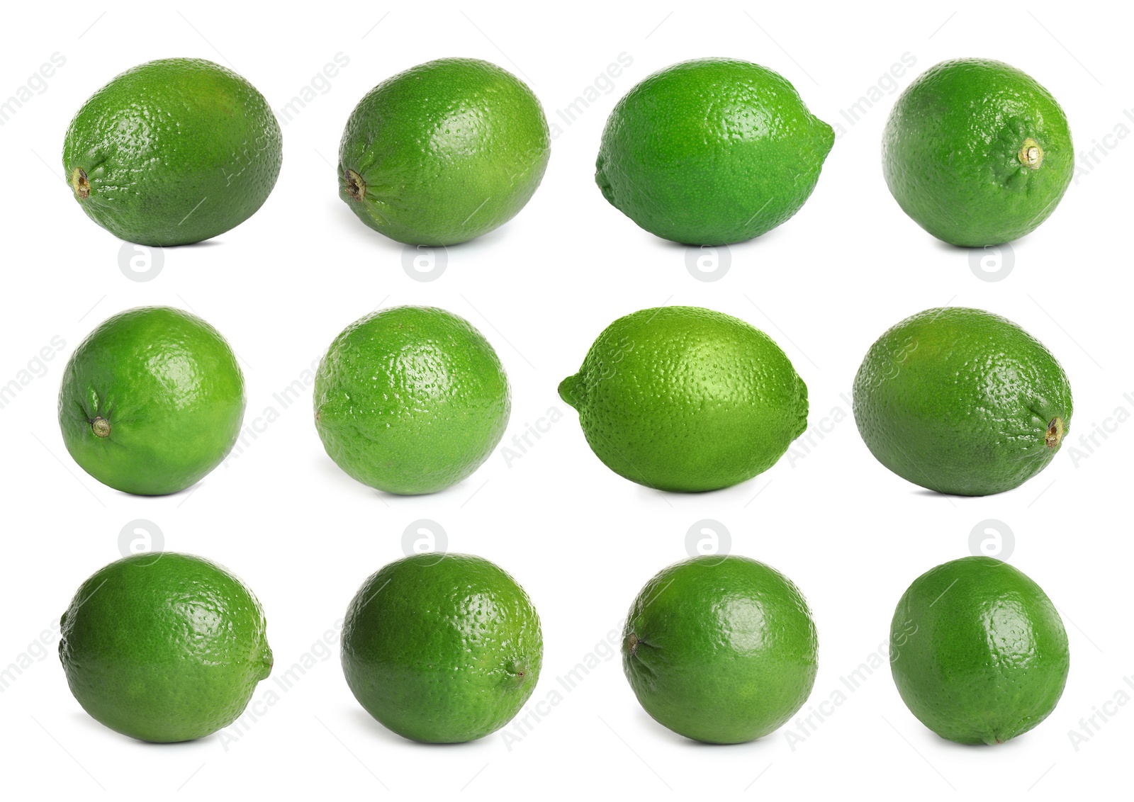 Image of Set of fresh ripe limes on white background