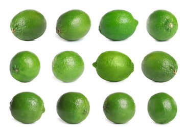 Set of fresh ripe limes on white background